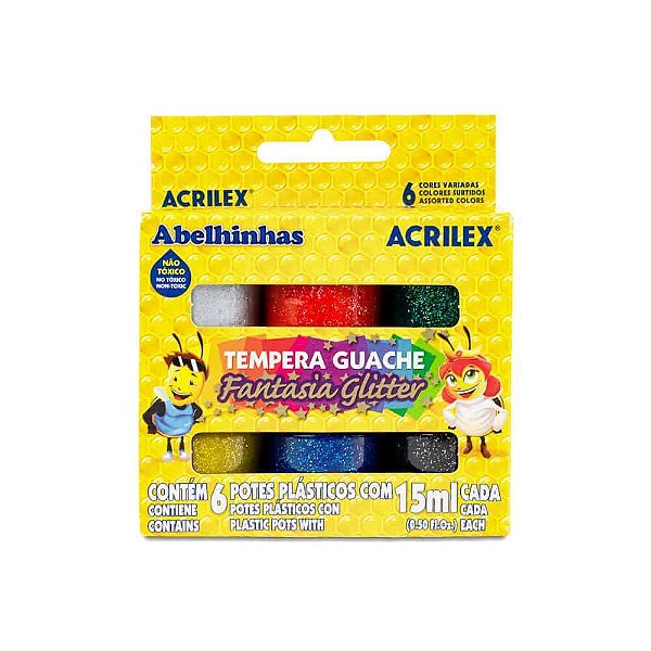 Tinta Tempera Guache 15ML 6 Cores Glitter - Acrilex