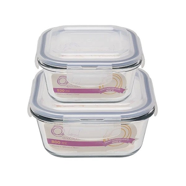Kit 2 Potes Herméticos Quadrados em Vidro Borossilicato 800ml e 520ml - Oxford