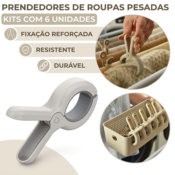 Prendedor de Roupas Pesadas 6 Peças Resistente Linha Flow Bege