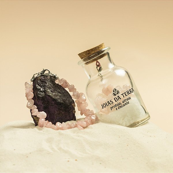 Pulseira de Quartzo Rosa Na Garrafa Com Extensor de Tamanho (Amor e Autoestima)