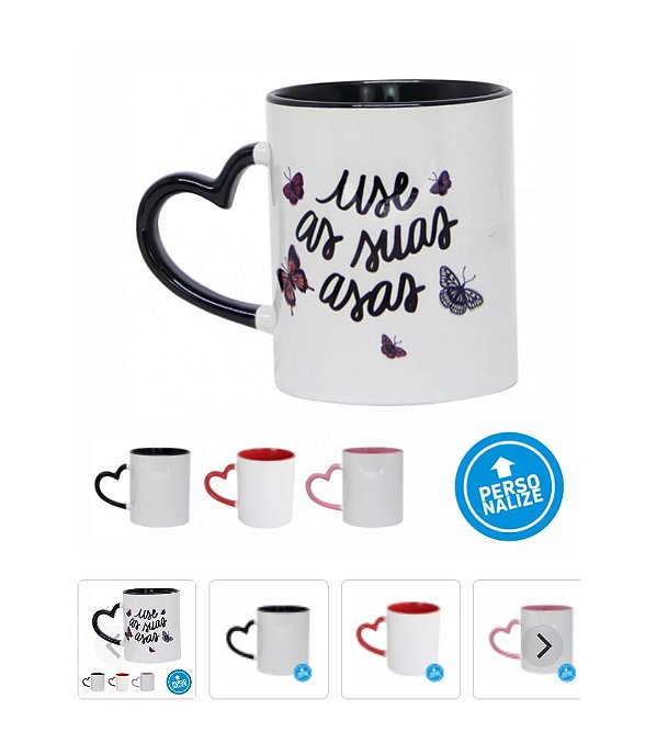 Caneca Alça de coração  e interior colorido