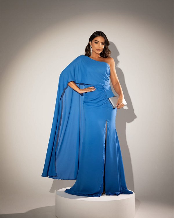 Vestido Toronto longo azul royal sereia com capa