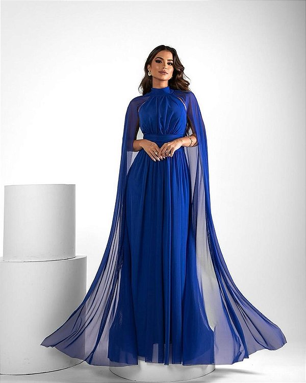 Vestido Dubai longo azul royal manga véu tule