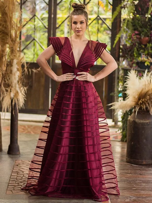 Vestido Belgica longo marsala fita