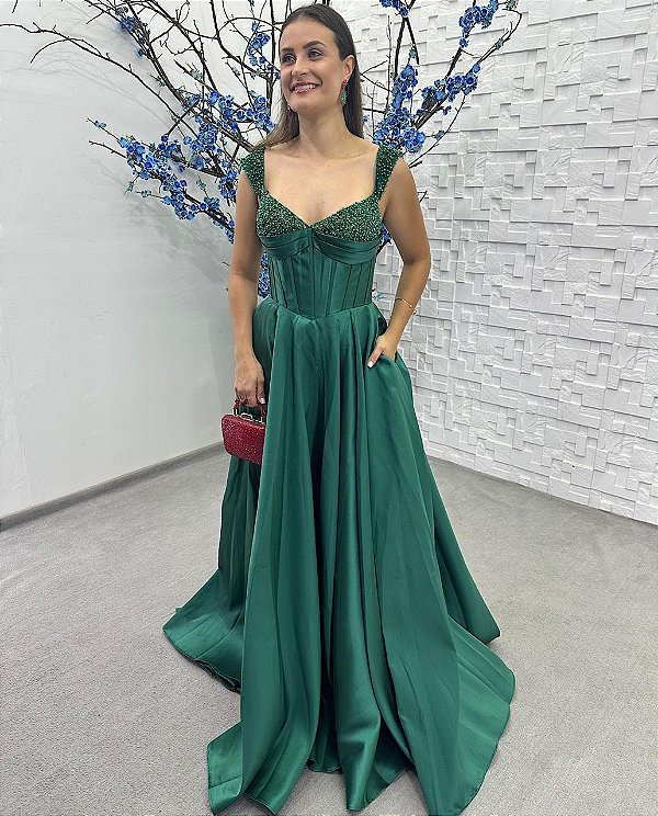 Vestido Terra verde esmeralda bordado manualmente + Clutch Brinde