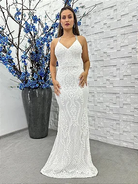Vestido Brunei branco bordado manualmente + Clutch brinde