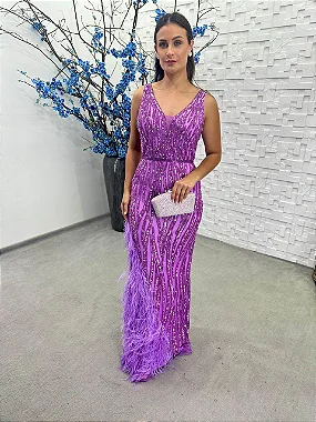Vestido Vênus lilás bordada manualmente + Clutch Brinde