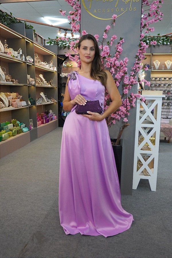 Vestido Veneza lilás bordado manualmente + Clutch brinde