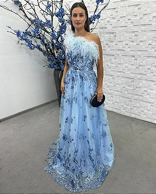Vestido Marte azul serenity bordado manualmente + clutch brinde