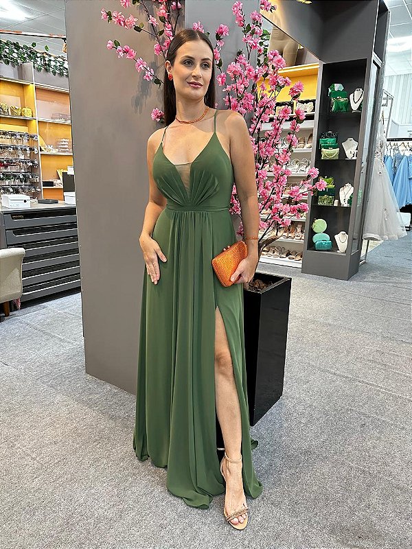 Vestido Alba verde oliva + Clutch brinde