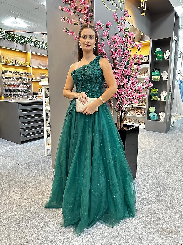 Vestido Filomena verde esmeralda bordado manualmente + Clutch brinde