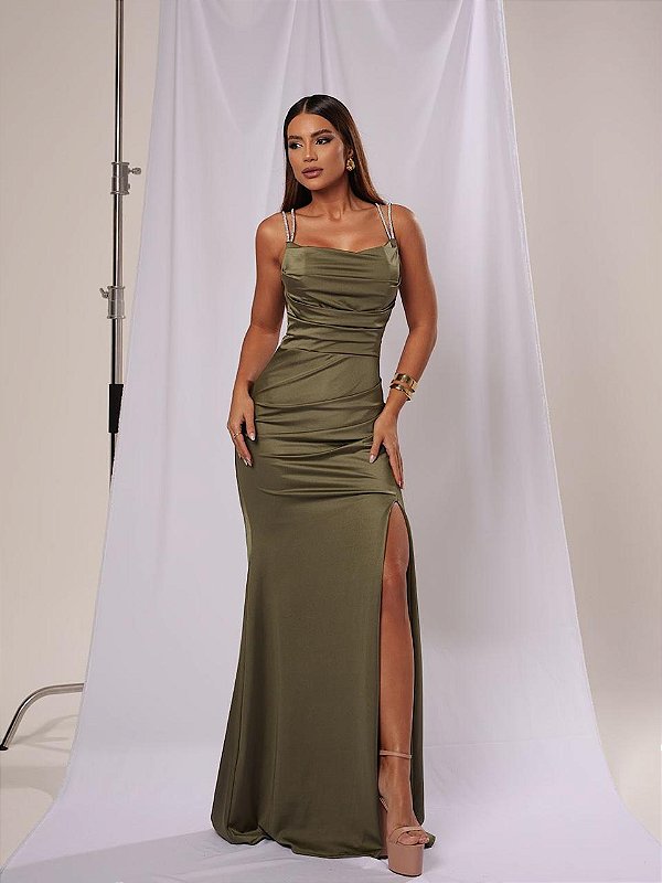Vestido Ávila verde oliva + Clutch brinde