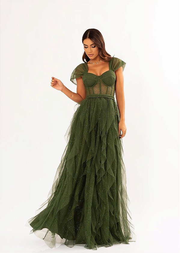 Vestido Aurora verde oliva + Clutch brinde