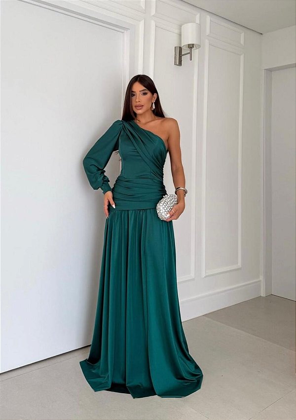 Vestido Faby verde esmeralda + Clutch Brinde