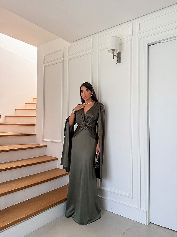 Vestido Isabel verde oliva + Clutch Brinde