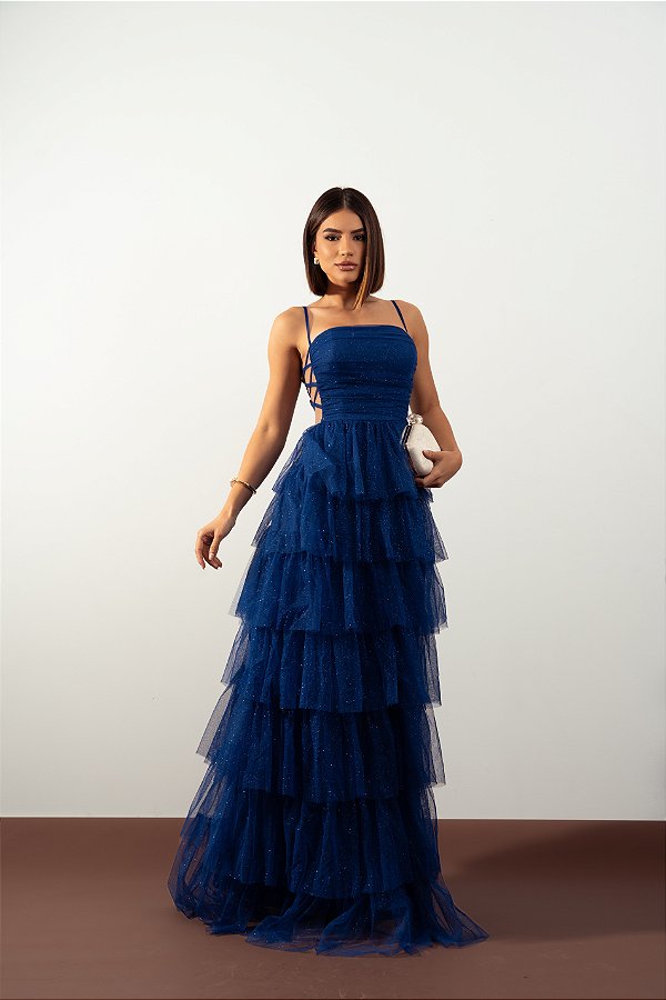 Vestido Mirreile Azul Royal Com Brilho + Clutch Brinde