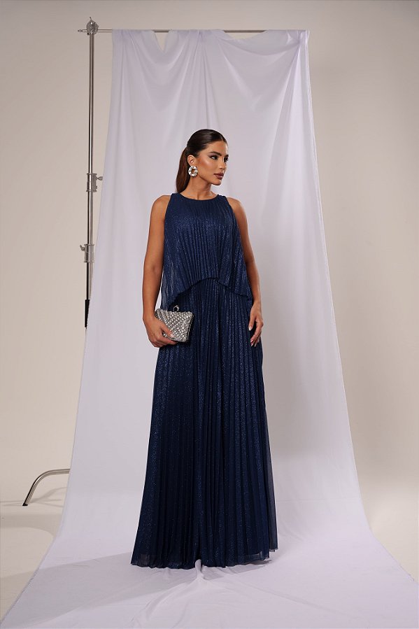 Vestido Audrey Azul Marinho com Brilho + Clutch Brinde