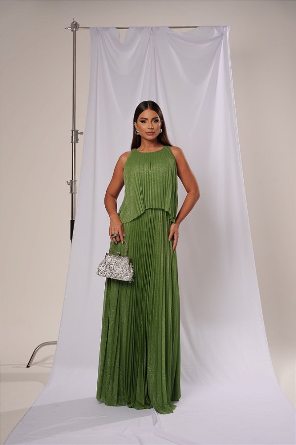 Vestido Audrey Verde Oliva com Brilho + Clutch Brinde