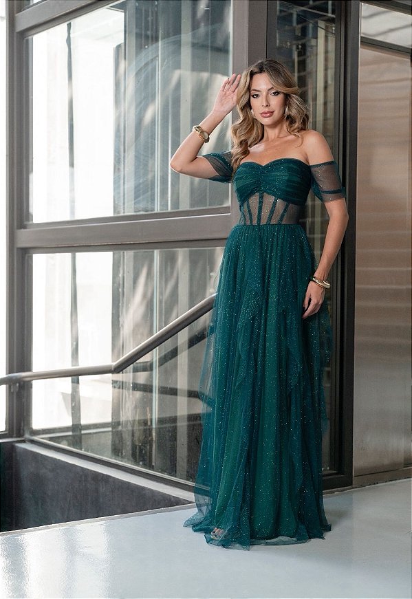 Vestido Helena Verde Esmeralda + Clutch Brinde