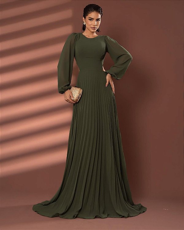 Vestido Mayla Verde Oliva + Clutch Brinde
