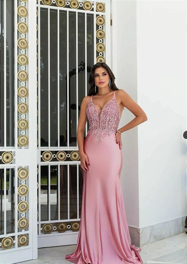 Vestido Romilly Rosa bordado manualmente + Clutch Brinde