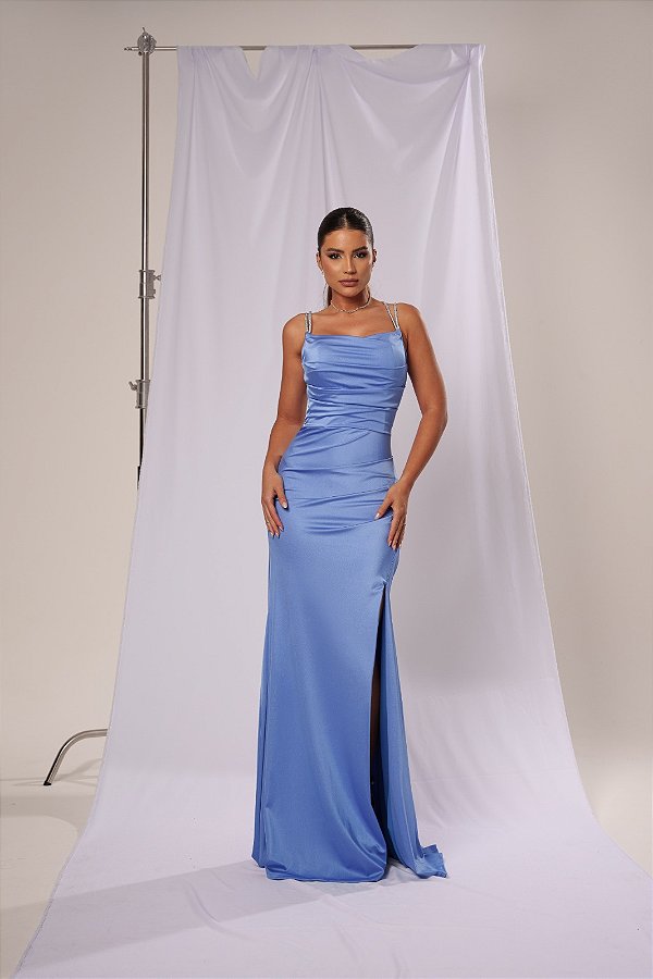 Vestido Ávila azul serenity + Clutch brinde