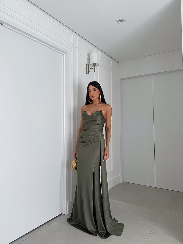 Vestido Cristal verde oliva + Clutch Brinde