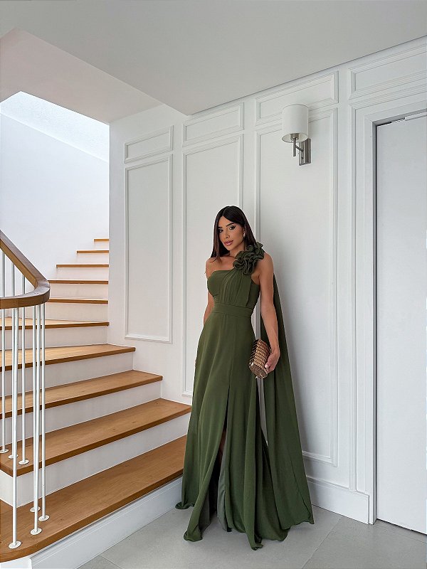 Vestido Alessandra verde oliva + Clutch Brinde