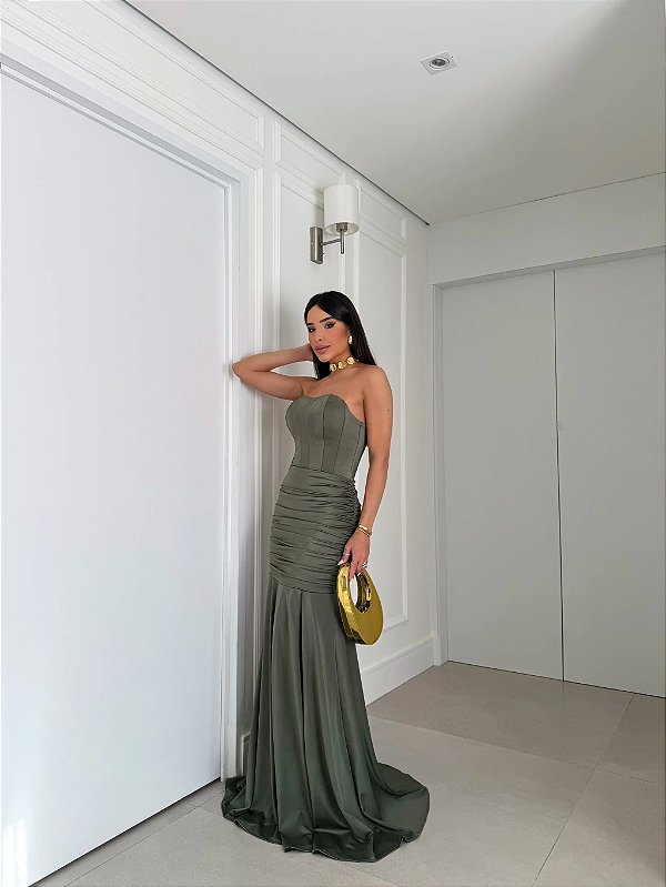 Vestido Lauren verde oliva + Clutch Brinde