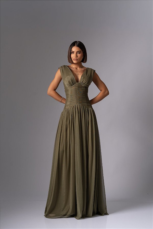 Vestido Paloma verde oliva + Clutch Brinde