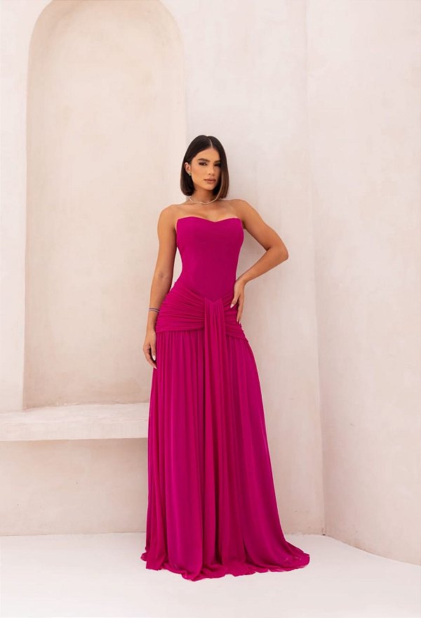 Vestido Cecilia fucsia + clutch Brinde