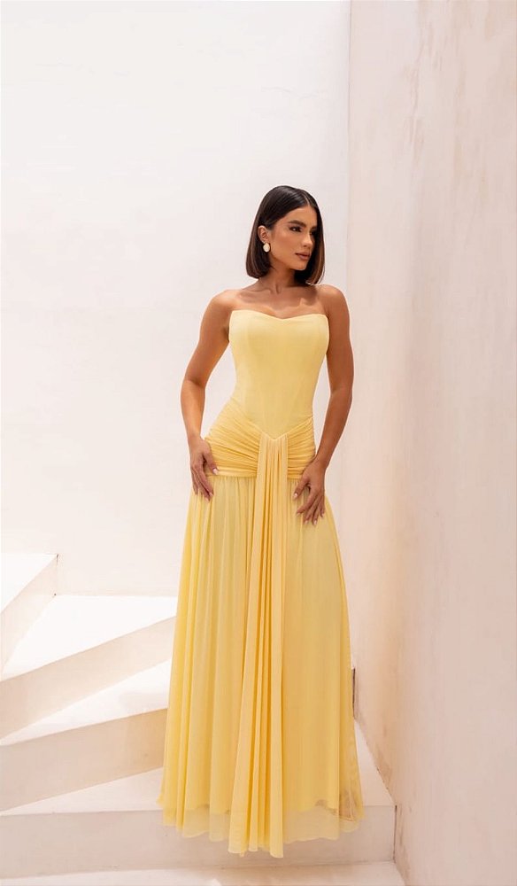 Vestido Cecilia Amarelo + clutch Brinde