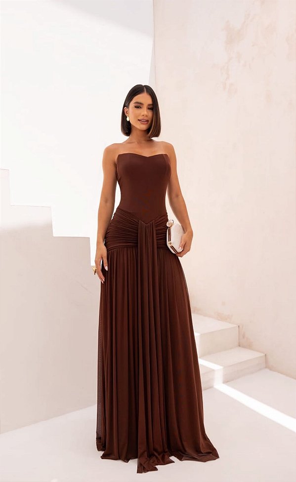 Vestido Cecilia Marrom + clutch Brinde