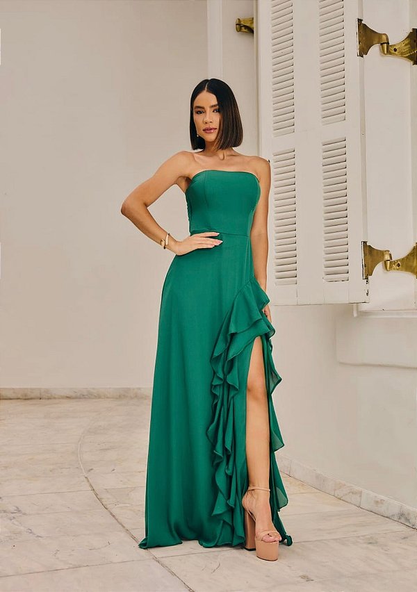 Vestido Marcela verde esmeralda + Clutch Brinde