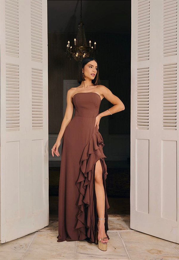 Vestido Marcela Marrom + Clutch Brinde