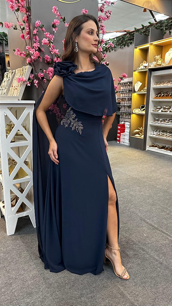 Vestido Mafalda azul marinho bordado manualmente