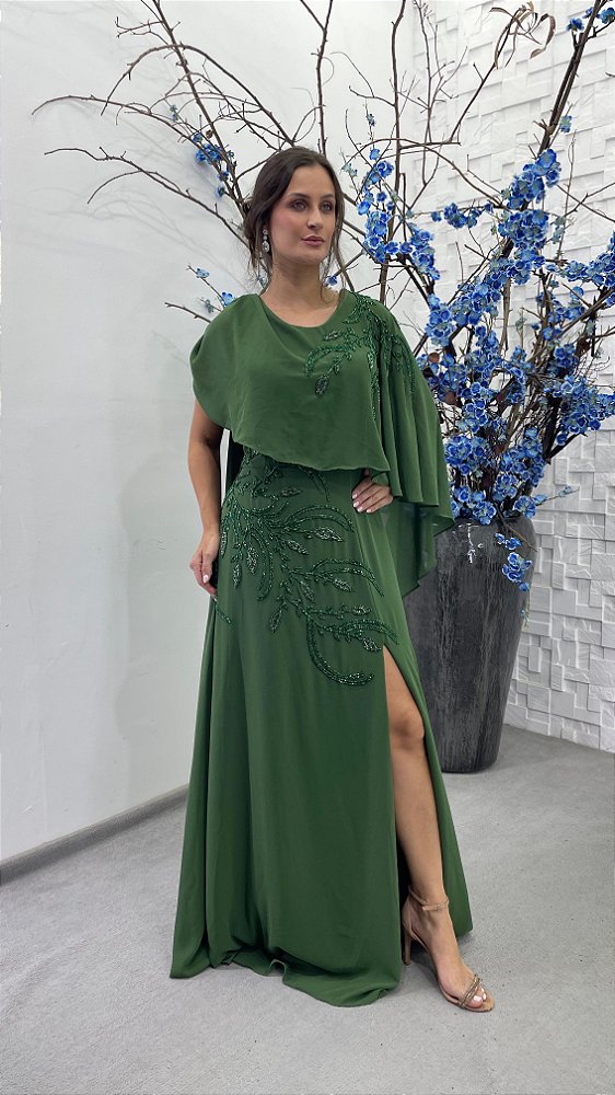 Vestido Sadie verde oliva bordado manualmente