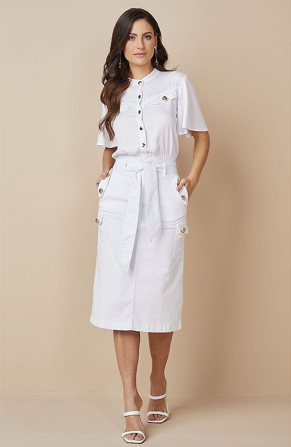 Vestido Reto Sarja Branco Fechamento Frontal Com Faixa -Titanium Jeans -  BoraThay Moda Feminina