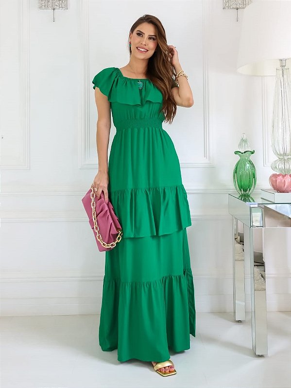 Vestido Viscose Longo Fluído Verde - Fagian - BoraThay Moda Feminina