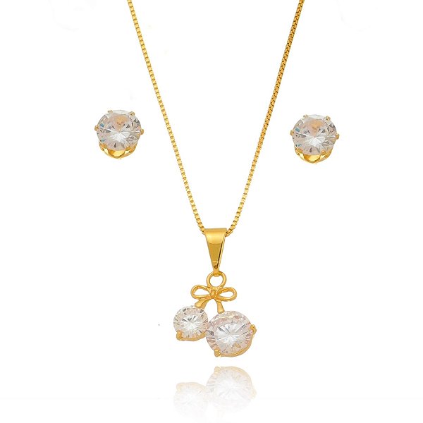 Conjunto Colar Zircônias Cereja e Brincos Banhado a Ouro