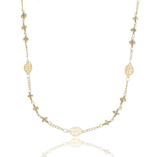 Colar Longo de Pedra Labradorita Banhado a Ouro