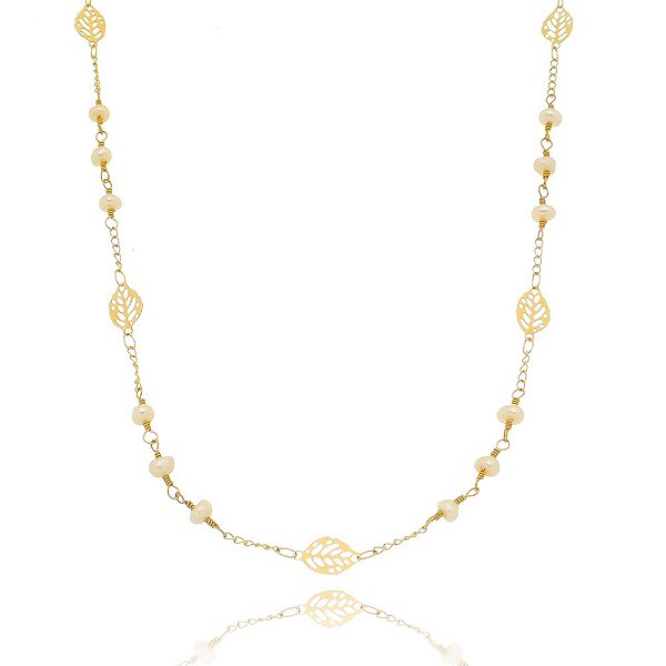 Colar Longo de Pérolas Naturais Banhado a Ouro