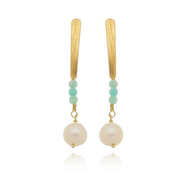 Brinco com Pedra Amazonita e Perola Natural Banhado a Ouro
