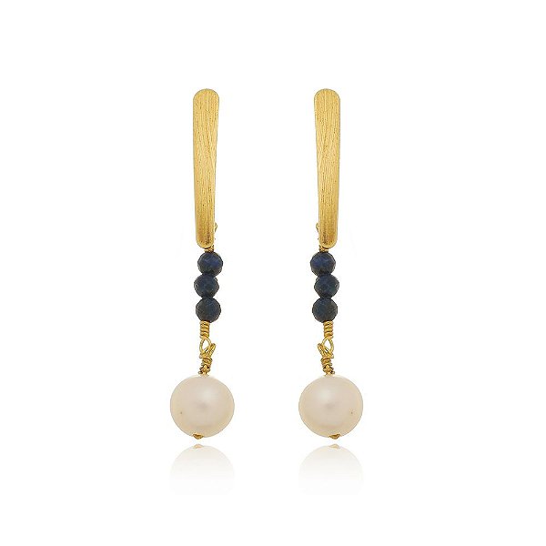 Brinco Pedra Lápis Lazúli e Perola Natural Banhado a Ouro
