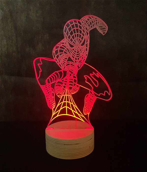 Luminária LED 3D em Acrílico - 16 cores + Controle. Homem Aranha