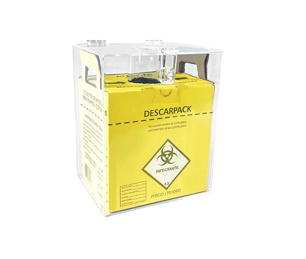 Caixa Coletora Perfurocortante em Acrílico Cristal Descarpack com dobradiça e Fecho Cadeado