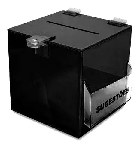 Caixa Sugestão em acrílico preto 20,5 x 20,5 x 18cm de altura c/ bolsa