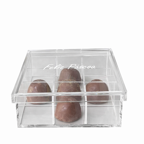 Caixa em acrílico cristal 11 x 11 x 4cm com tampa presente, nicho e personalização - Páscoa