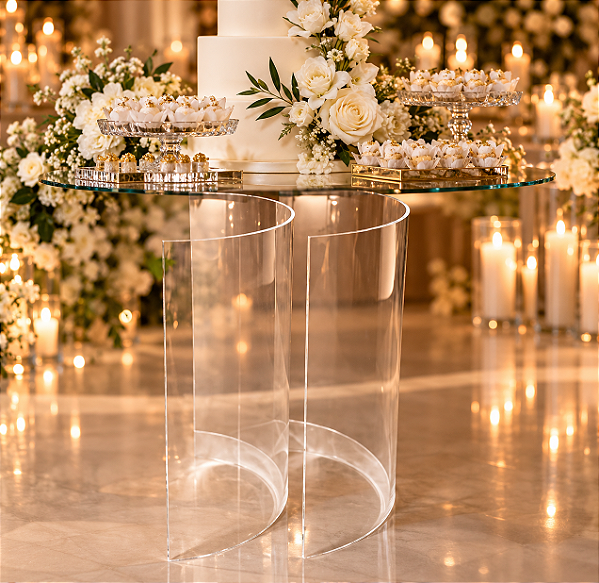 Base Meia Lua em Acrílico Cristal 80 cm para Mesa de Bolo