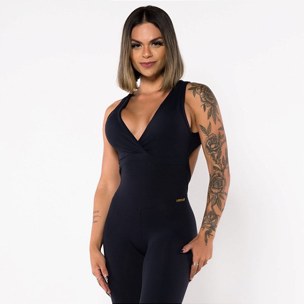 Macacão Nocaute Zero Transparência Preto c/ Elastico Rosa Neon